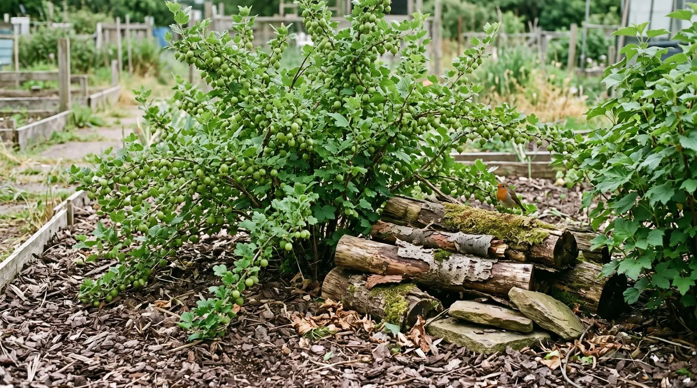 Gooseberry bush with bark mulch, logs and stones beneath to shelter ground beetles that eat sawfly larvae
