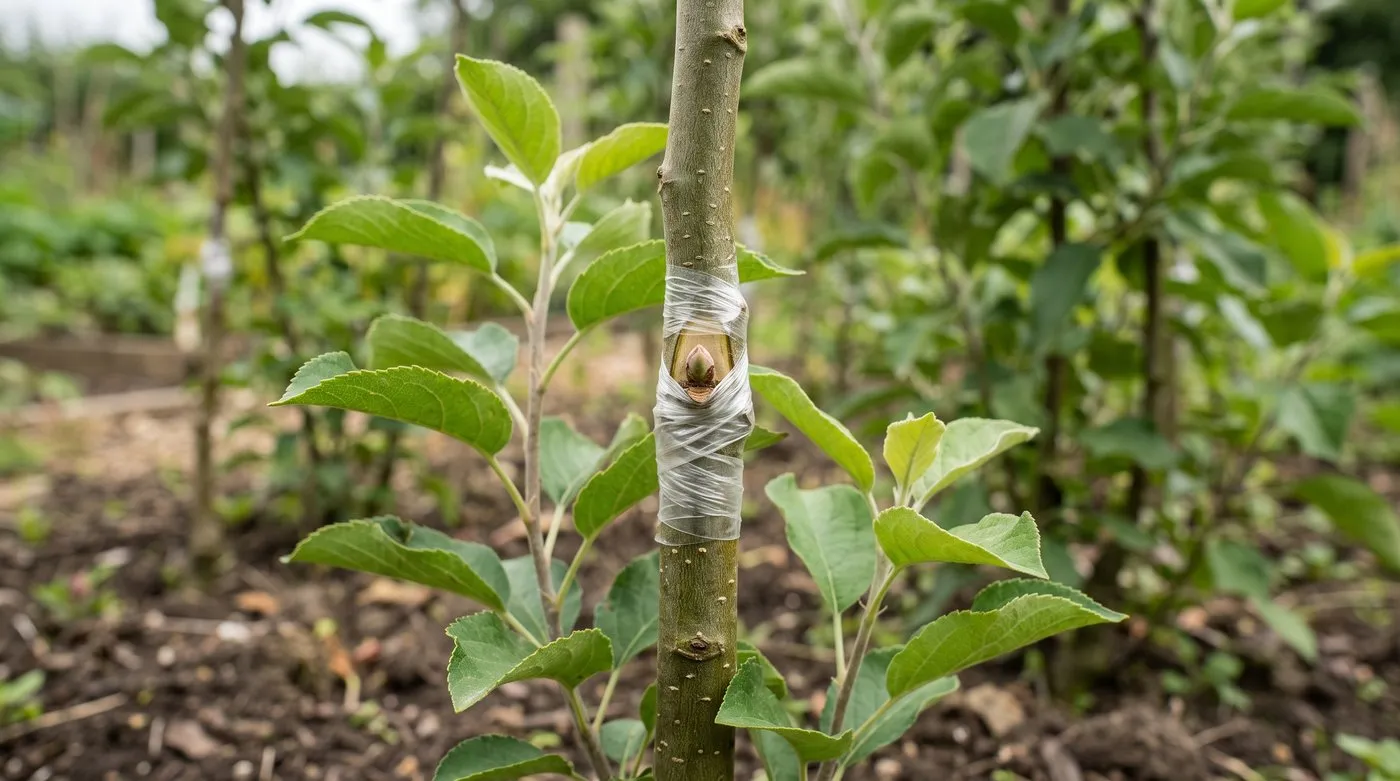 Chip bud bound with clear grafting tape on a young apple rootstock stem in summer