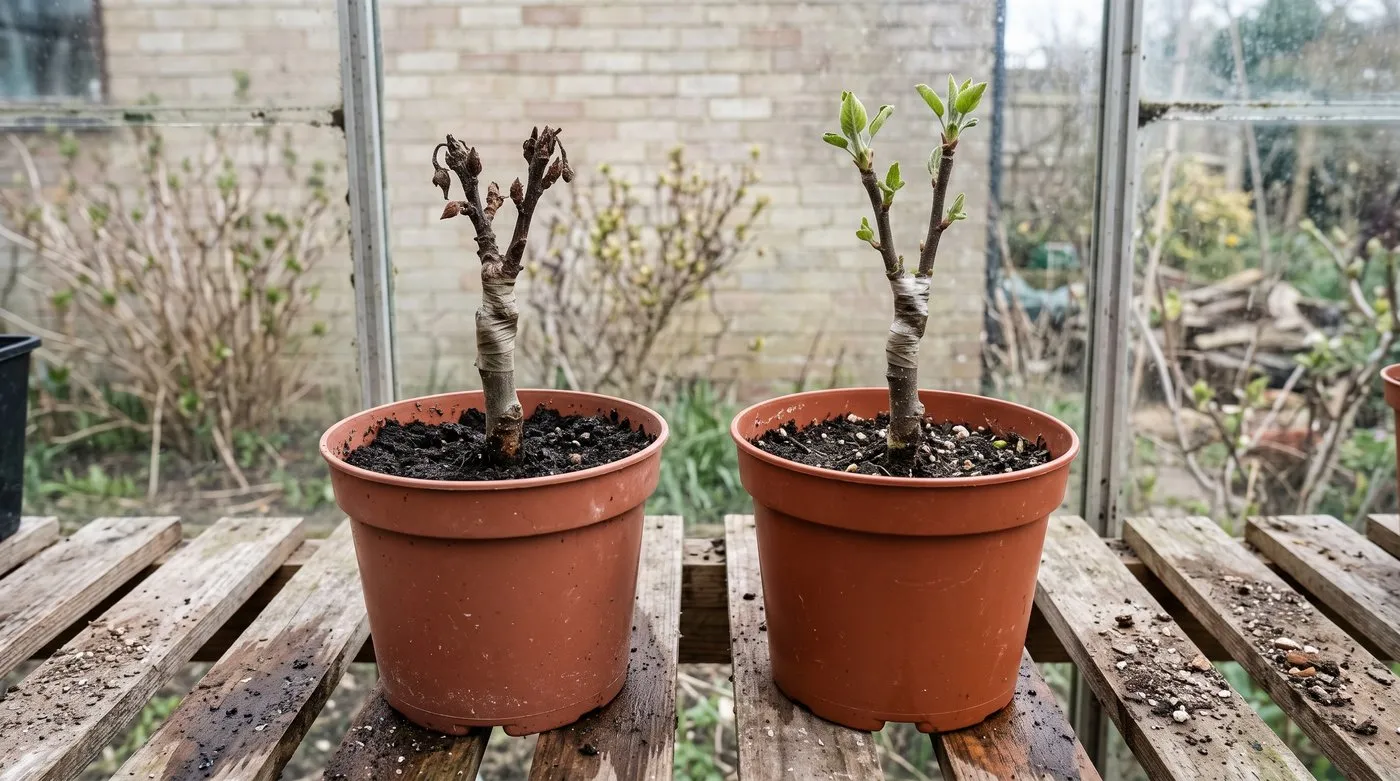 Failed apple graft with a shrivelled brown scion beside a healthy graft with green buds opening