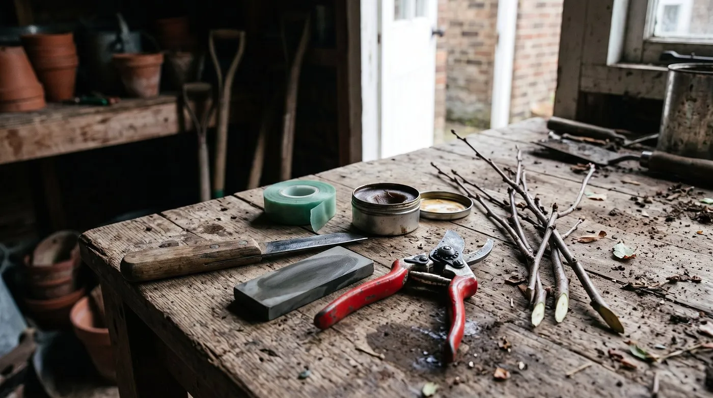 Grafting knife, whetstone, grafting tape, wax and secateurs on a potting bench with apple prunings