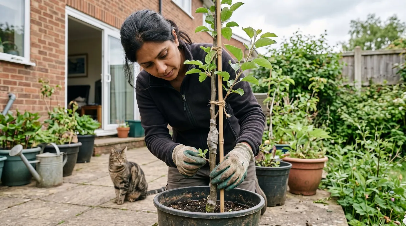 Gloved hand rubbing a rootstock shoot off below the graft on a young potted apple tree tied to a cane