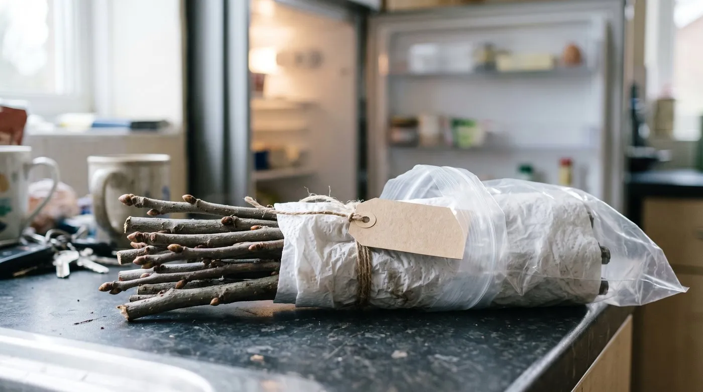 Bundle of dormant apple scion wood wrapped in damp kitchen paper and a plastic bag, ready for the fridge