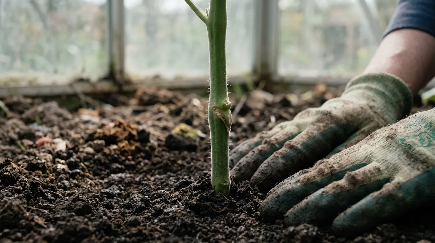 Young grafted tomato planted in a greenhouse border with the graft union a few centimetres above the soil