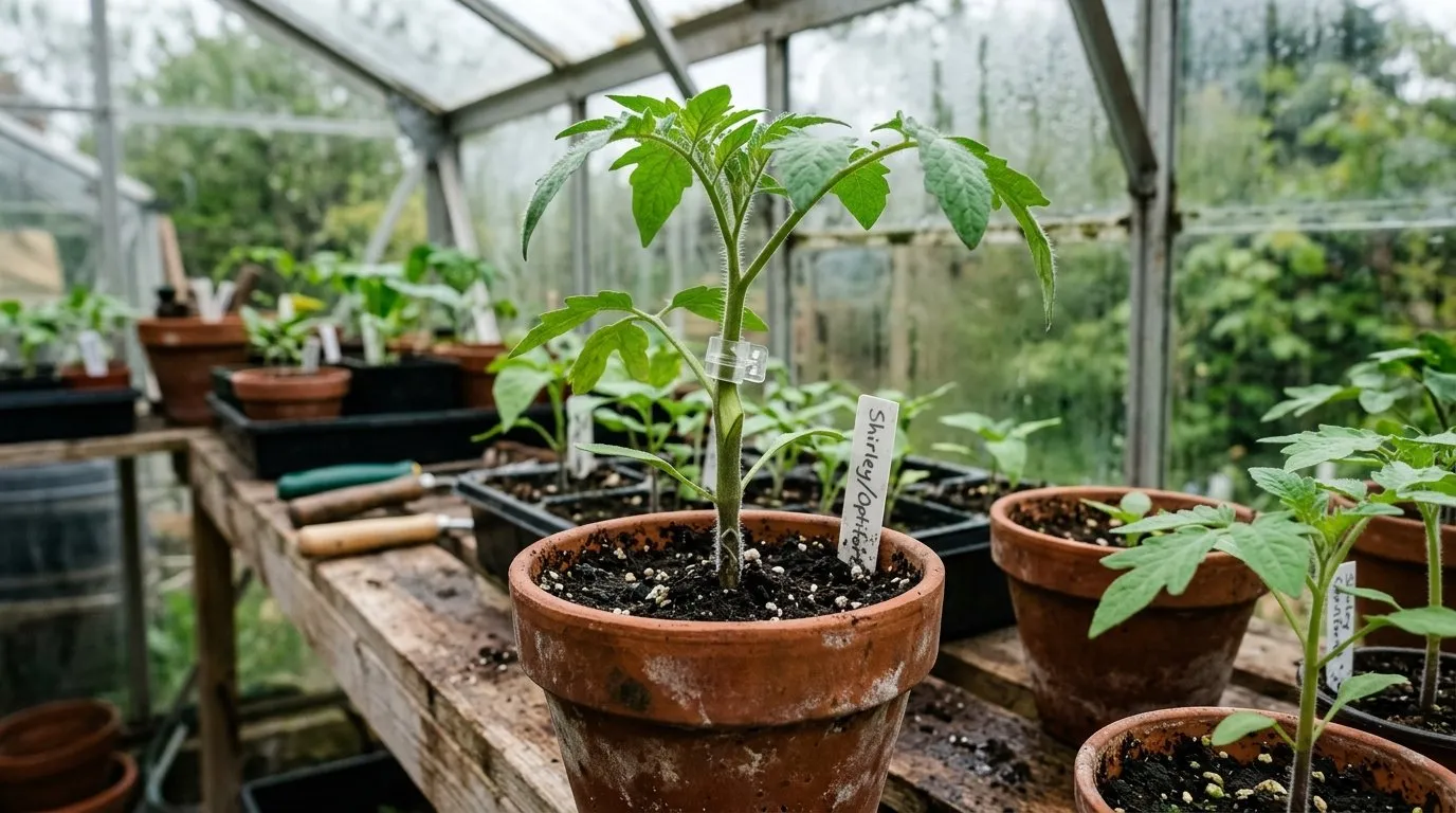Grafted tomato plant showing the graft union above soil level