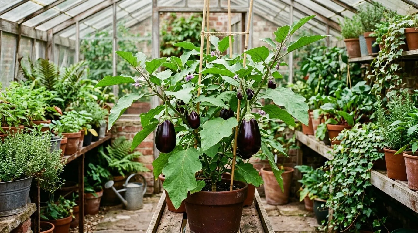 Grafted vegetable plants carrying glossy purple aubergines in a city courtyard greenhouse