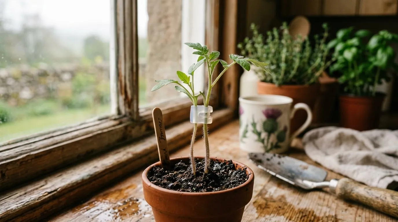 Home grafting of grafted vegetable plants using a silicone clip on a young tomato seedling on a Scottish kitchen windowsill