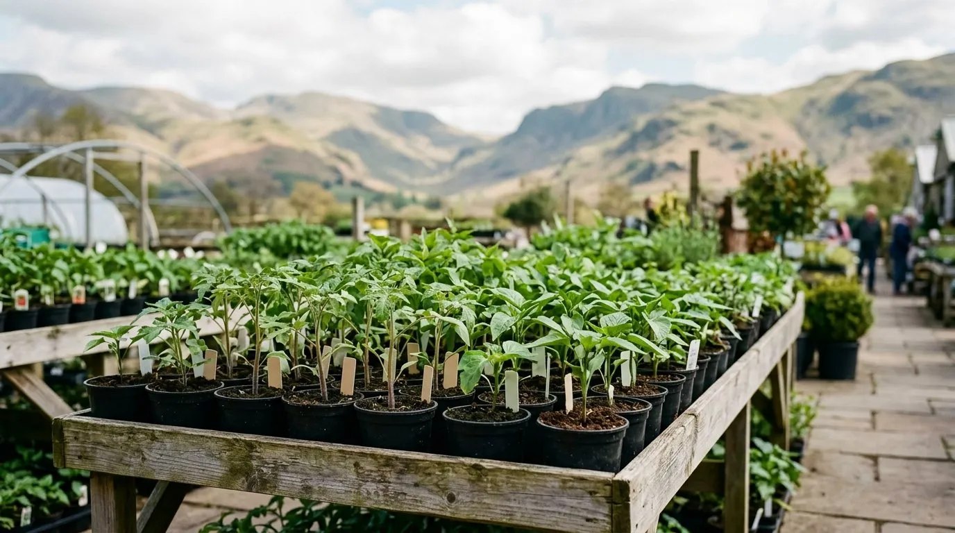 Grafted vegetable plants for sale in labelled pots on a Lake District garden centre bench in spring