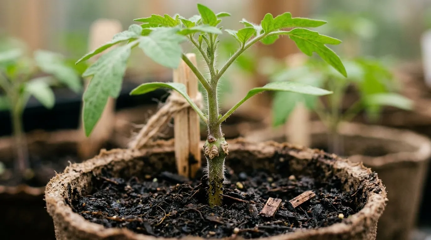 Close-up of a grafted vegetable plants stem showing the graft union bump kept above the soil line