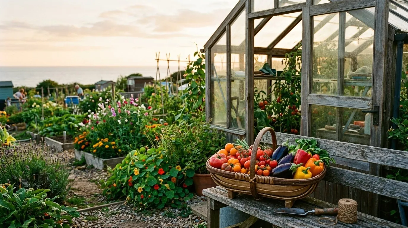 A basket of grafted vegetable plants harvest with tomatoes, aubergines and peppers beside a coastal allotment greenhouse