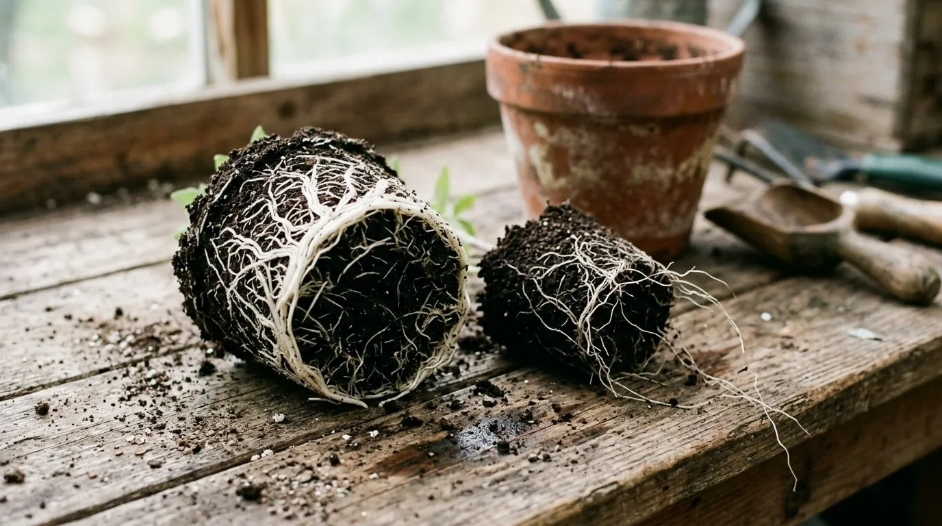 Strong root system of grafted vegetable plants compared to a seed-raised plant on a potting bench