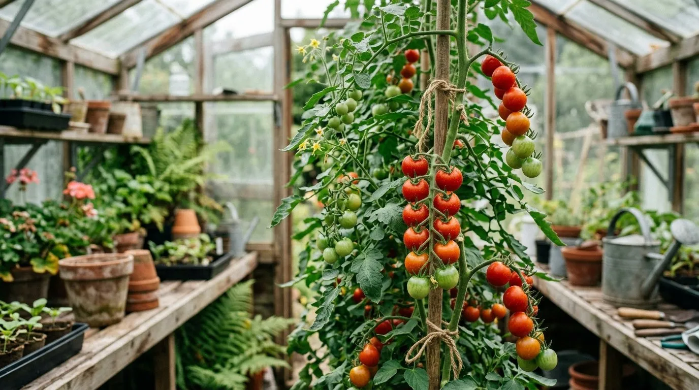 Grafted vegetable plants showing heavy tomato trusses ripening on a cordon in a Welsh greenhouse
