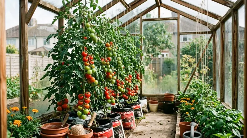 Grafted vegetable plants growing heavy tomato trusses in a UK greenhouse border in summer