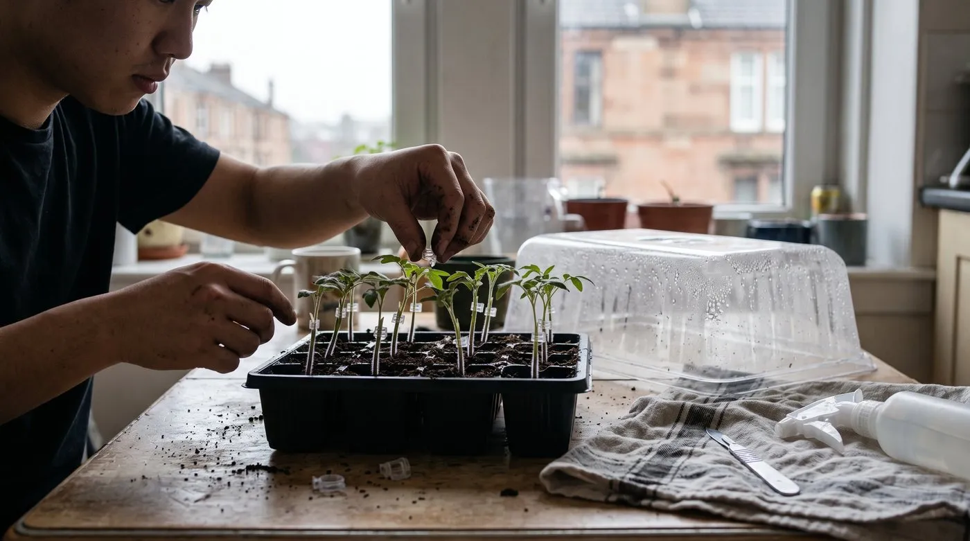 Tomato seedlings joined with small clear grafting clips in a tray beside a propagator lid