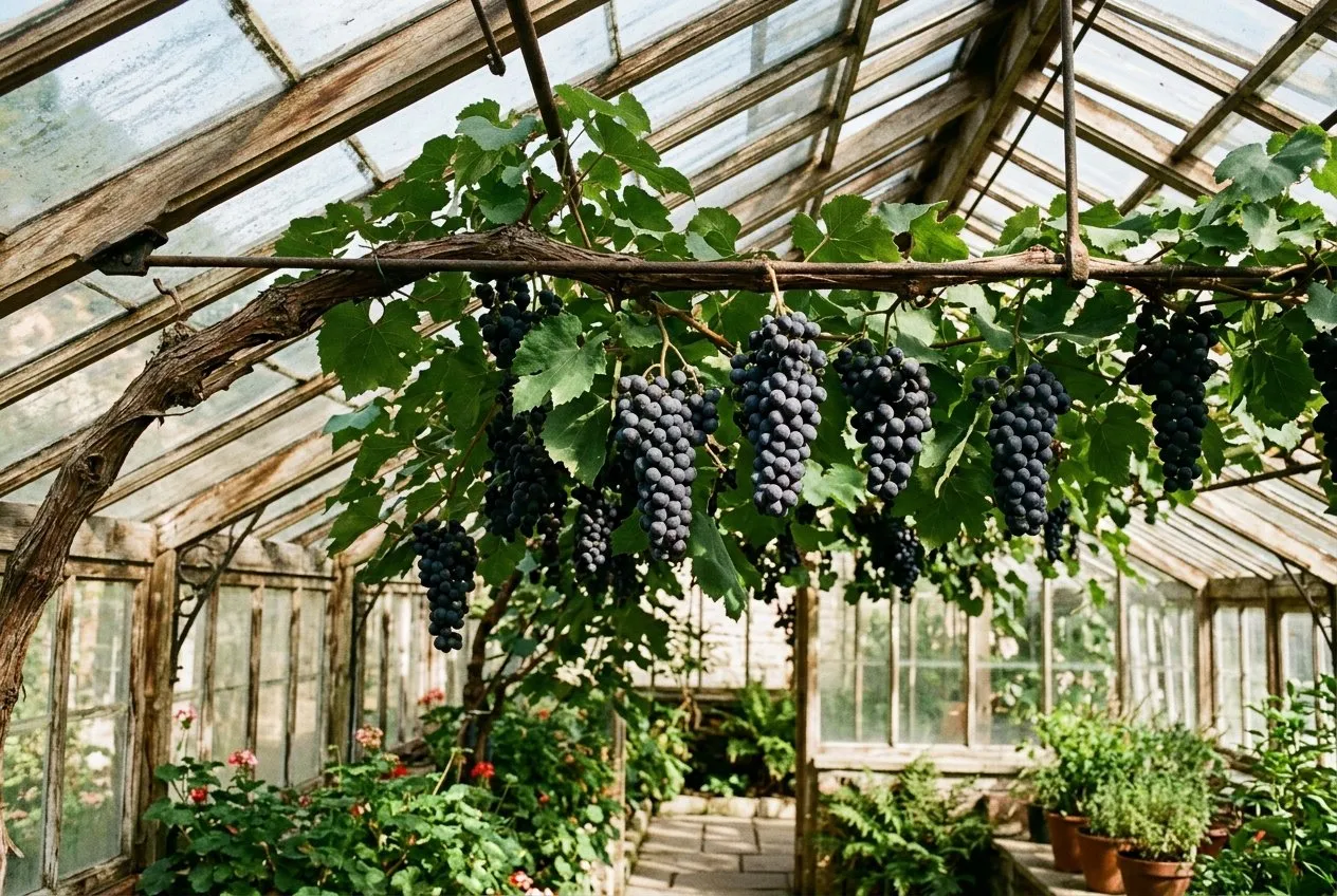 A mature Black Hamburg grape vine trained under the glass roof of a UK greenhouse with bunches of dark ripening grapes