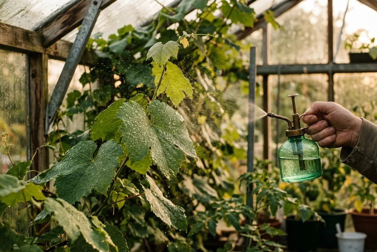 A gardener spraying a fine mist of Epsom salt foliar feed onto grape vine leaves inside a greenhouse
