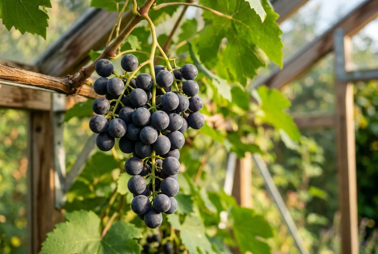 A healthy well-thinned bunch of black grapes colouring evenly in a warm greenhouse, no shanking present