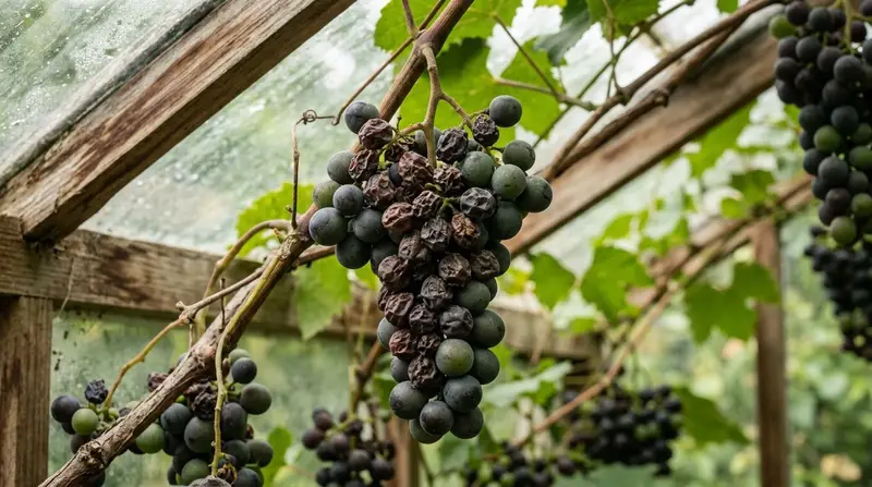 A greenhouse grape bunch with several shrivelled raisin-like berries among plump green ones, showing shanking damage