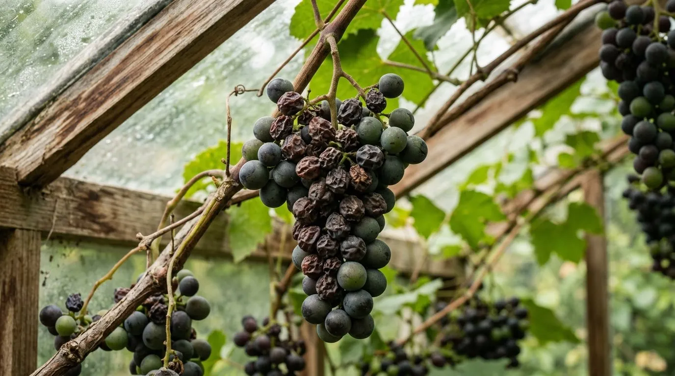 A greenhouse grape bunch with several dull shrivelled berries among plump ripening ones, the classic sign of shanking