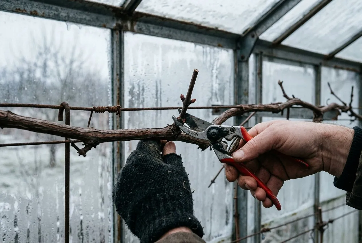Winter pruning of a bare grape vine rod, cutting a spur back to two buds with secateurs in a cold greenhouse