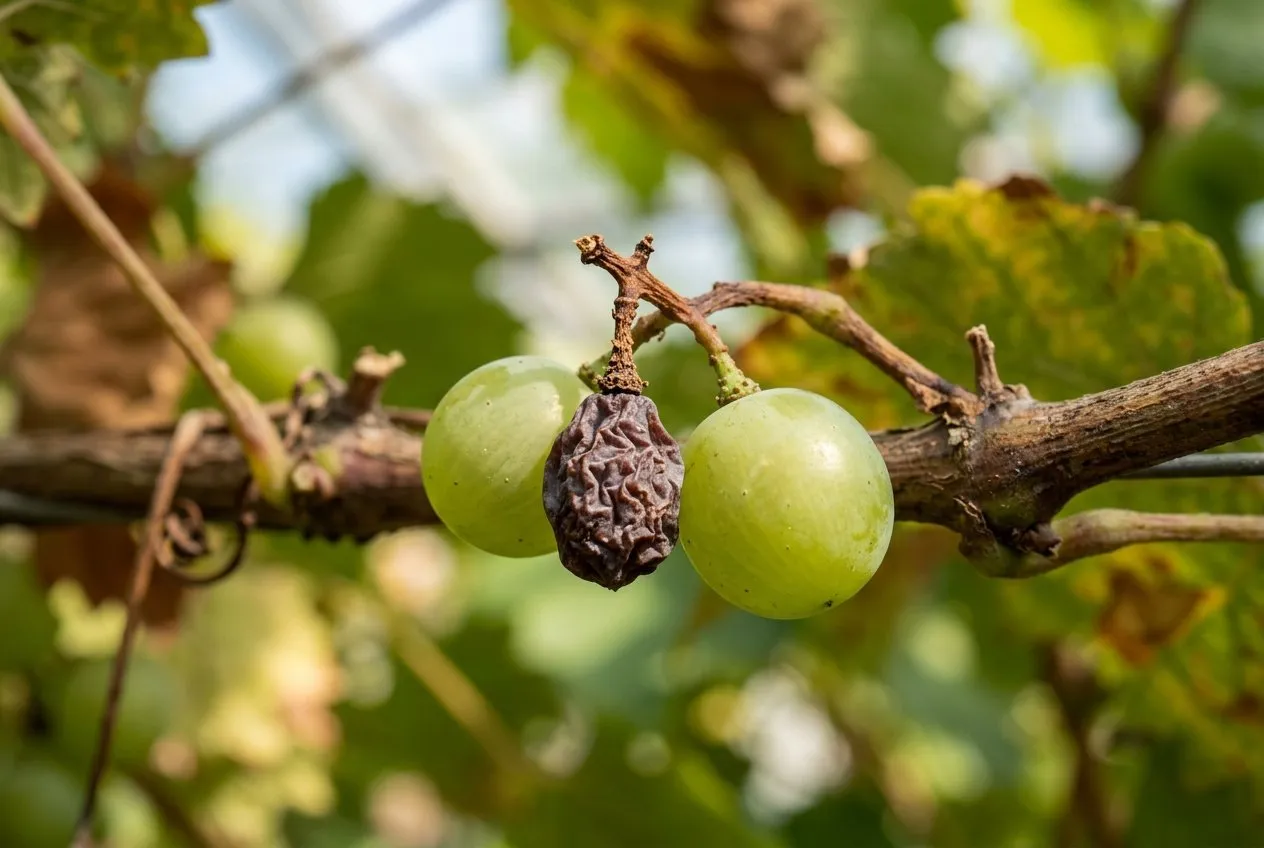 Close-up of a shrivelled grape berry with a browned pedicel stalk next to healthy plump berries on the same bunch