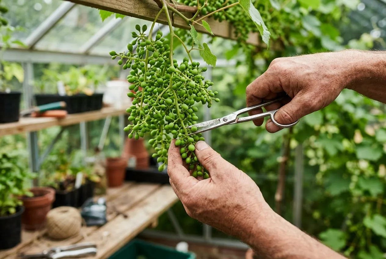 Hands using long narrow vine scissors to thin small berries from a green grape bunch inside a greenhouse