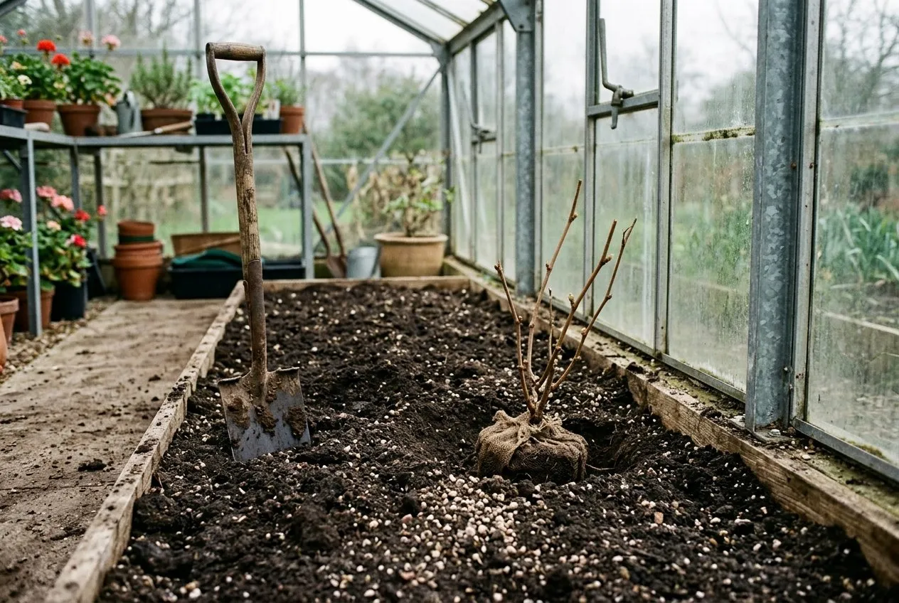 A freshly dug greenhouse grape border with dark loam and grit prepared for planting a new young vine