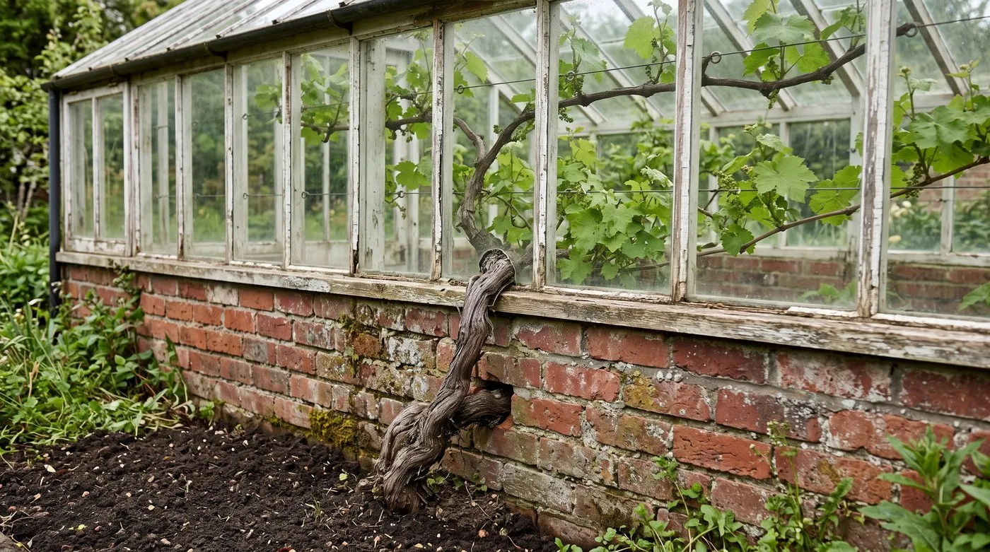 Grape vine trunk planted outside a greenhouse and fed through a low hole to grow inside