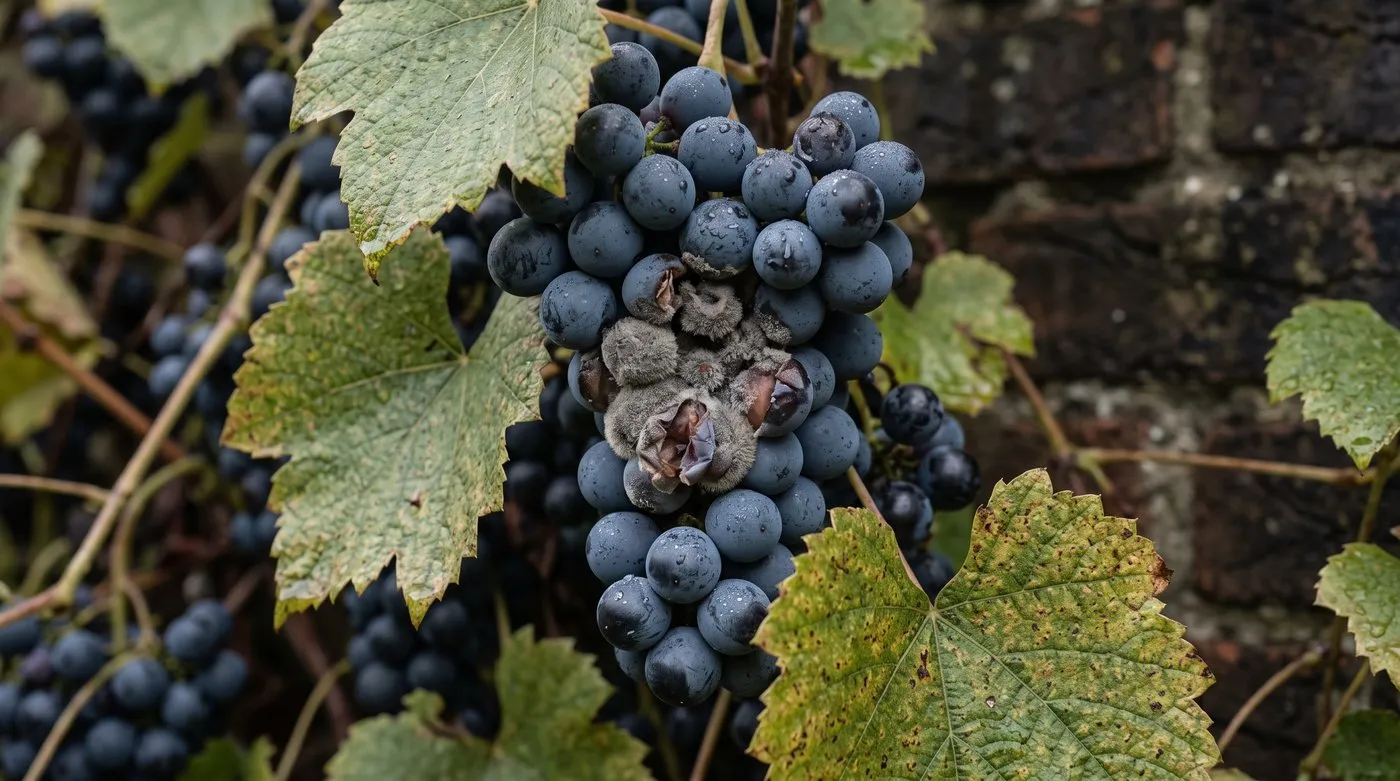 Bunch of black grapes with brown, fuzzy grey mould spreading from the middle