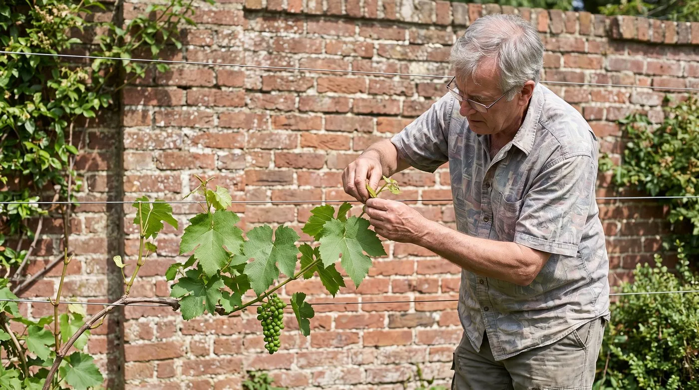 Older man pinching out a grape vine shoot beyond the bunch on a sunny wall in July