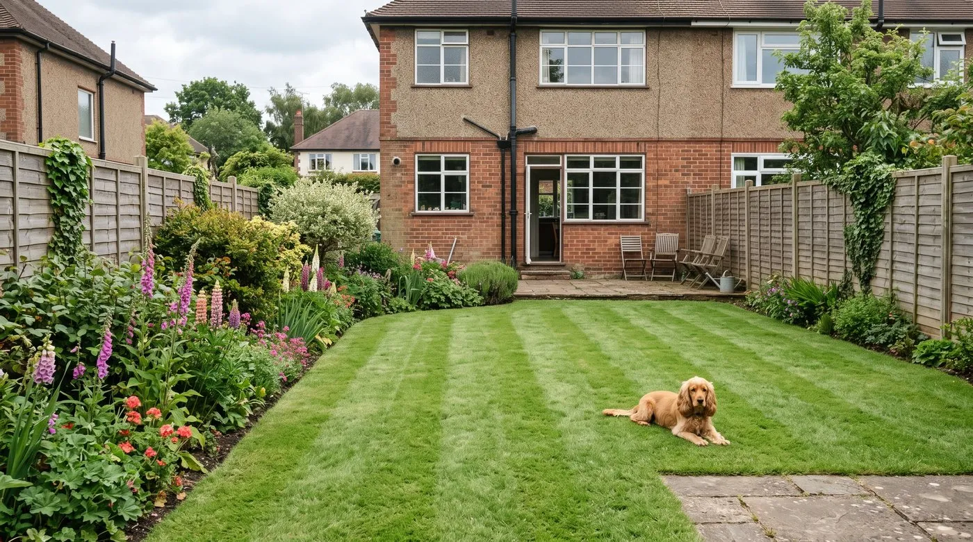 Thick, healthy green lawn a year after sowing, with a cocker spaniel lying on the grass