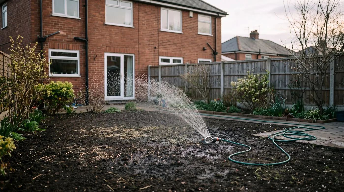 Fine sprinkler misting a newly sown lawn so the soil stays moist without puddling