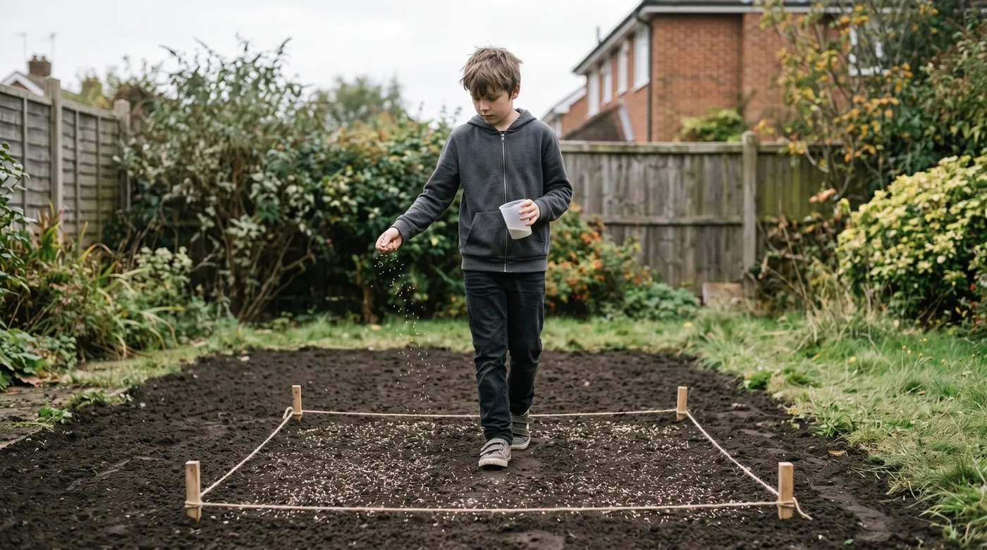 Boy hand-sowing grass seed over a square metre marked out with string on raked soil