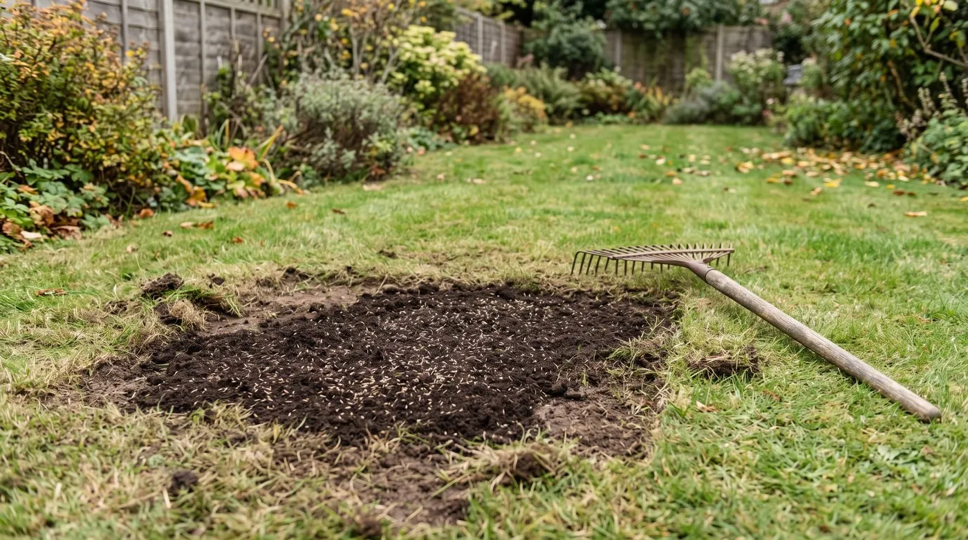 Bare lawn patch raked, topped with a thin layer of compost and sown with grass seed