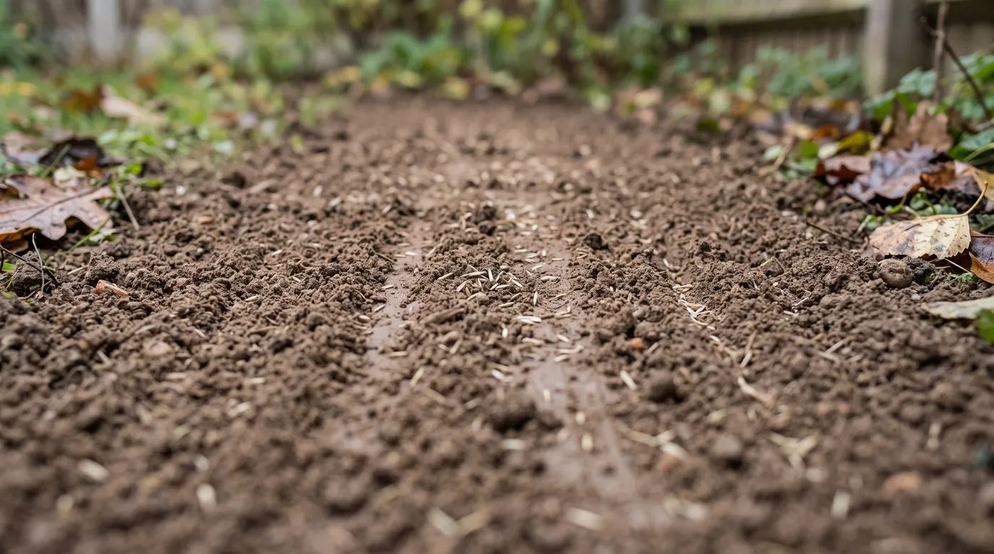 Grass seed lightly raked into fine crumbly soil, partly covered and partly showing