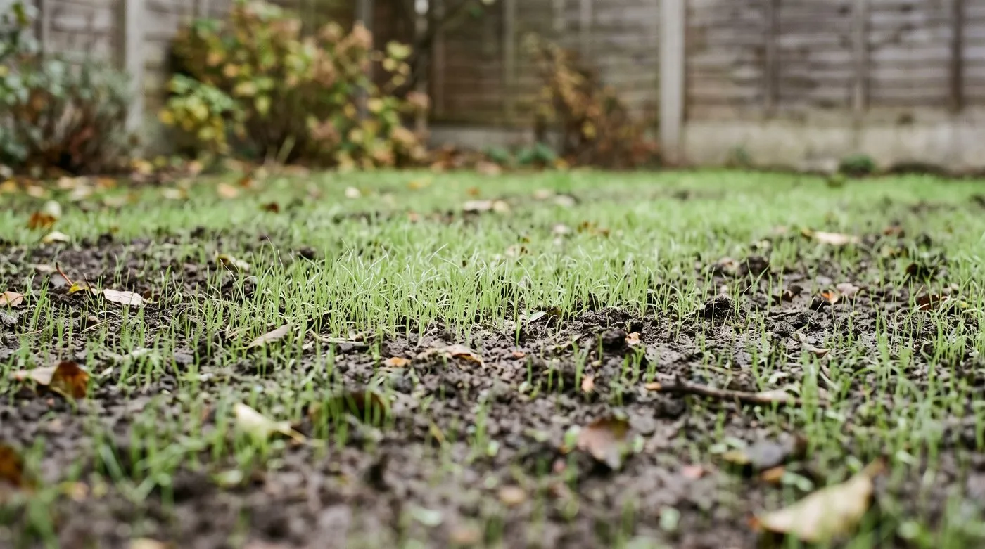 Fine green grass seedlings coming up through moist soil about ten days after sowing