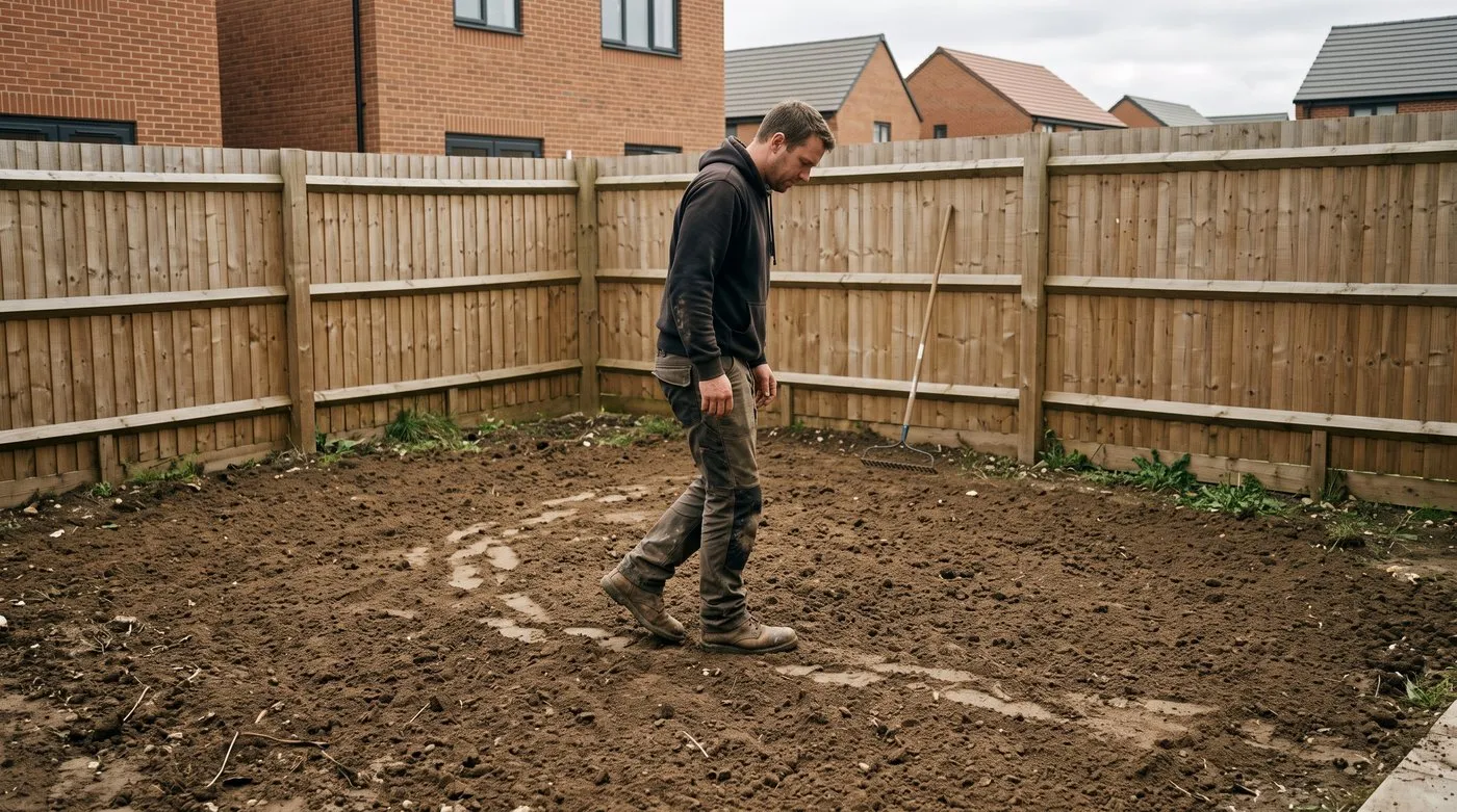 Man treading bare soil on his heels to firm it before sowing a new lawn
