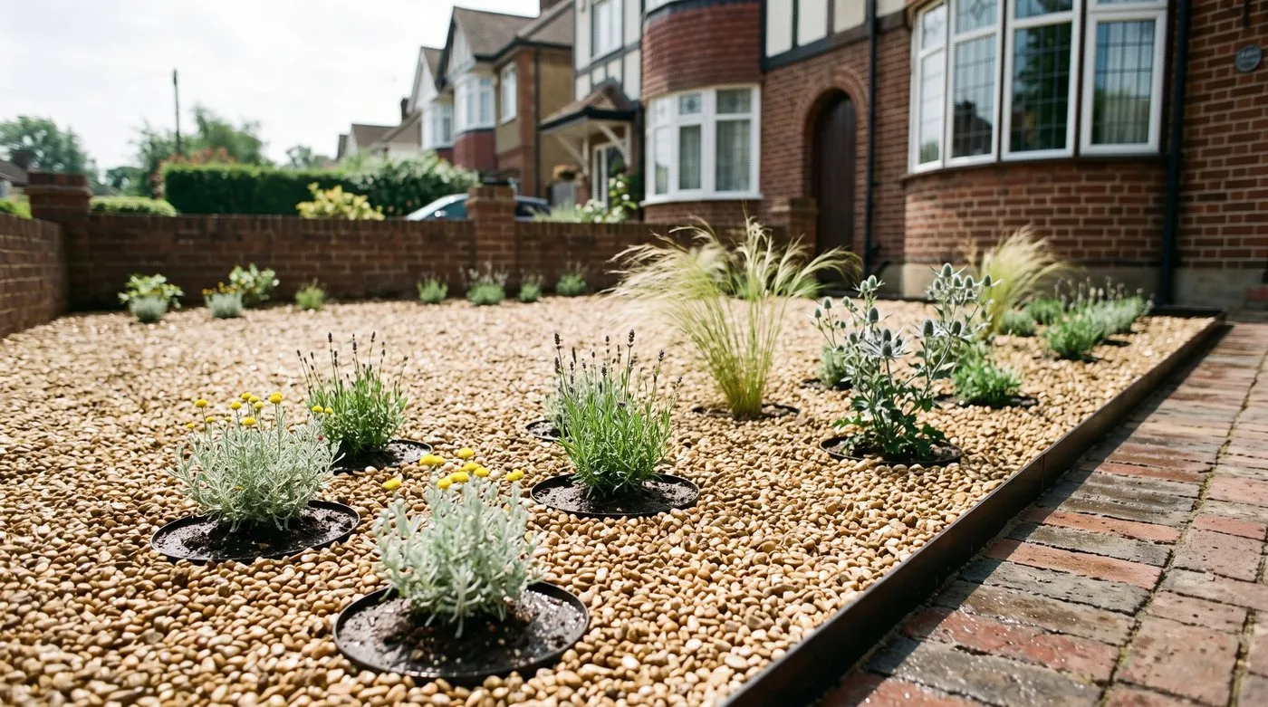 Newly planted gravel garden with lavender, santolina and grasses in groups through honey pea gravel