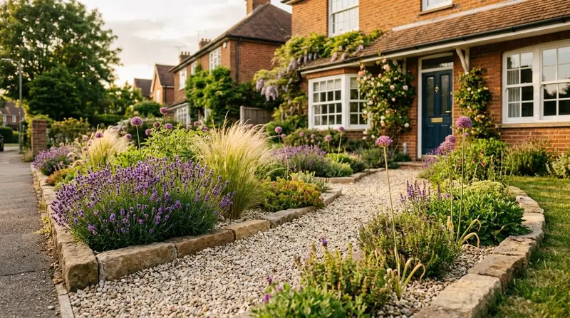 Gravel garden UK front garden with lavender, alliums, and ornamental grasses growing through pale pea gravel with stone
