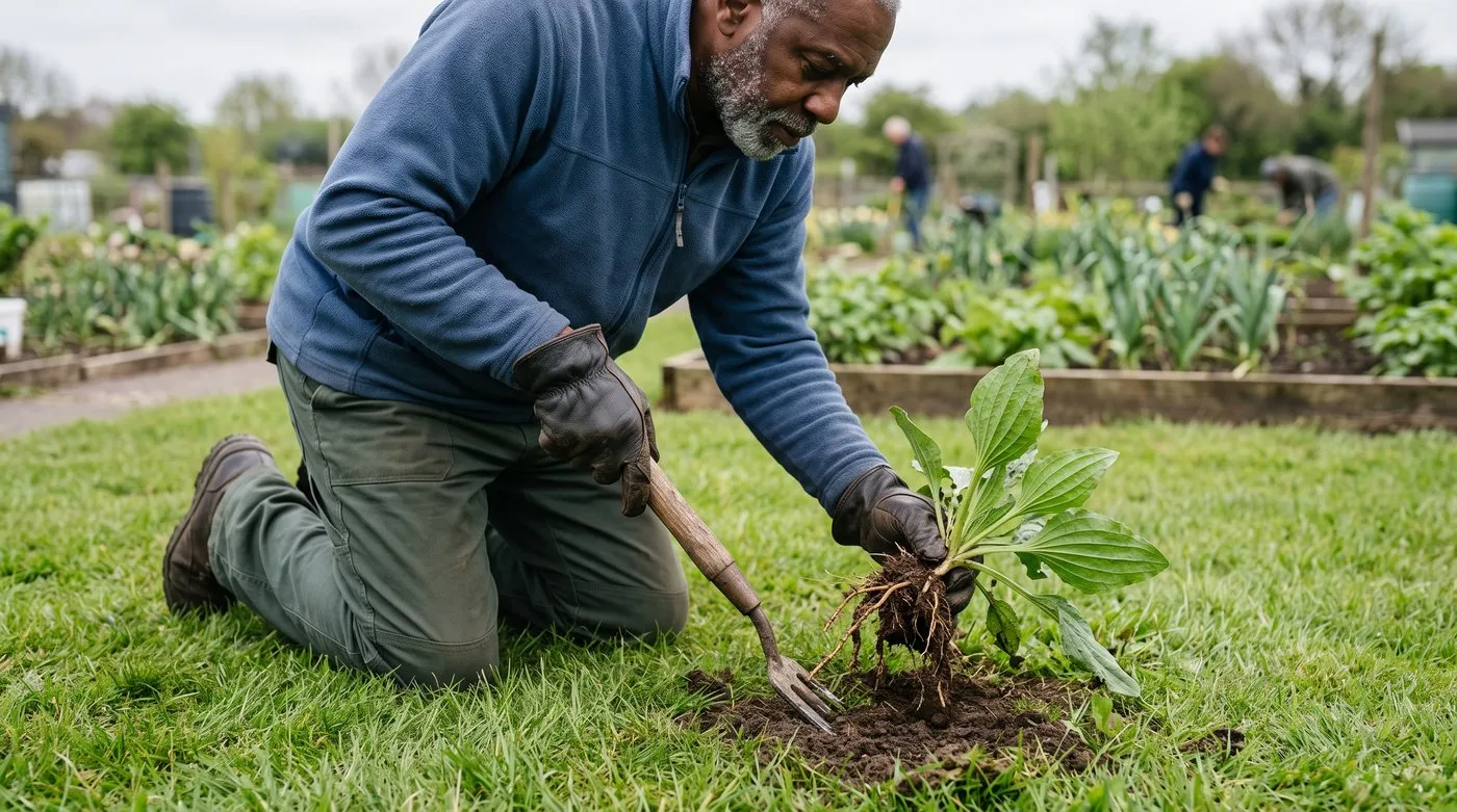 Gardener levering a complete greater plantain crown from moist lawn soil with a daisy grubber