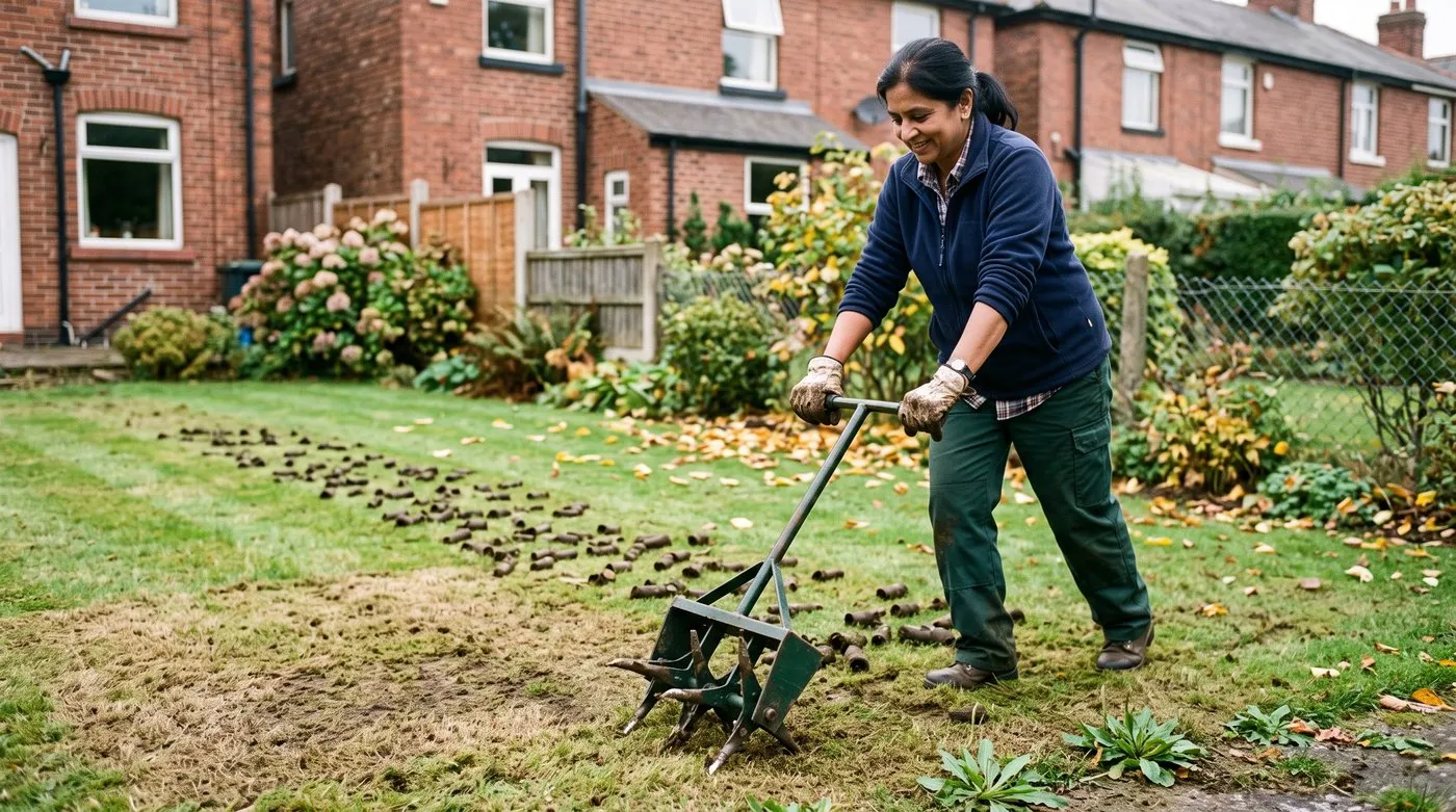 Woman using a hollow-tine aerator on a compacted UK lawn in early autumn