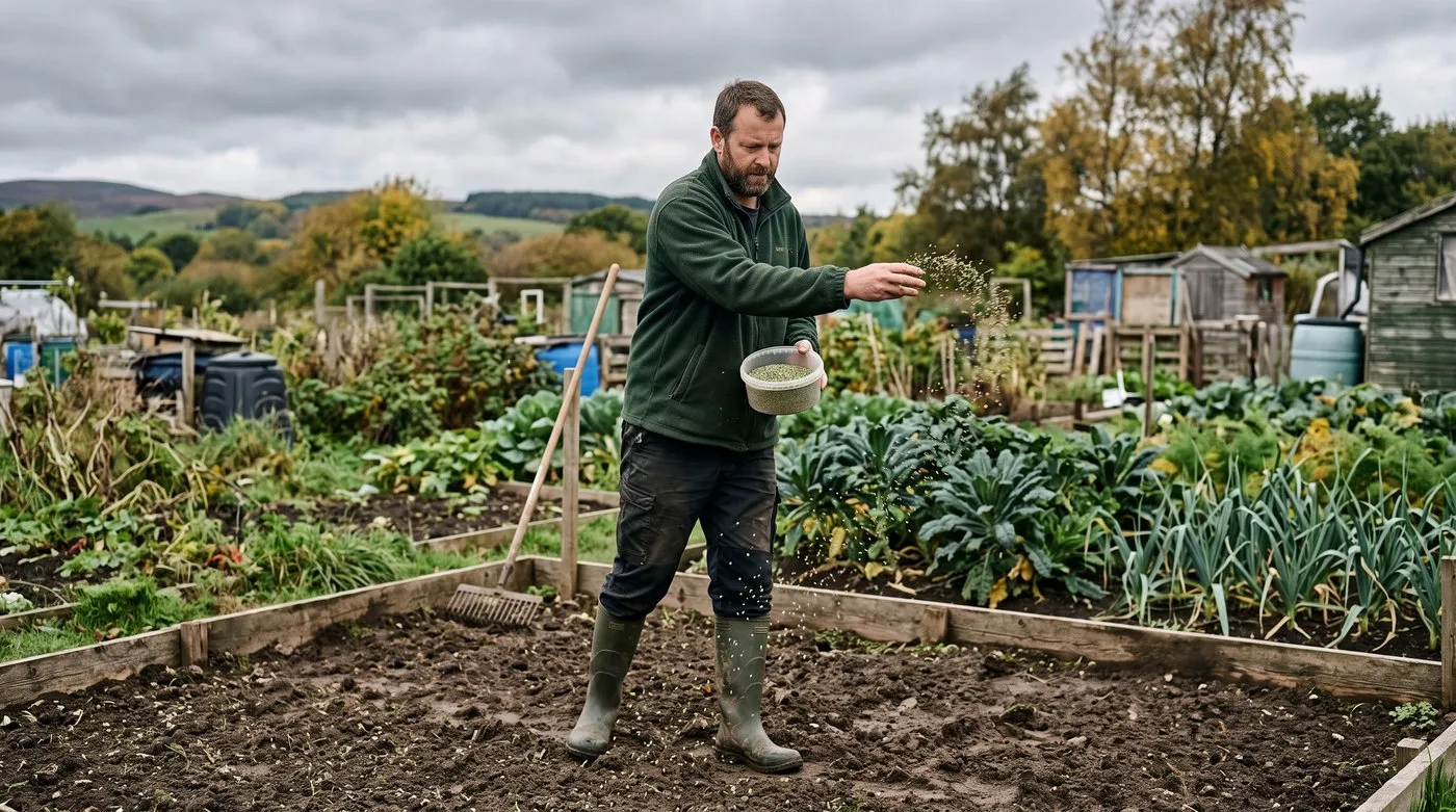 Man broadcasting green manure seed by hand over a cleared allotment bed in autumn