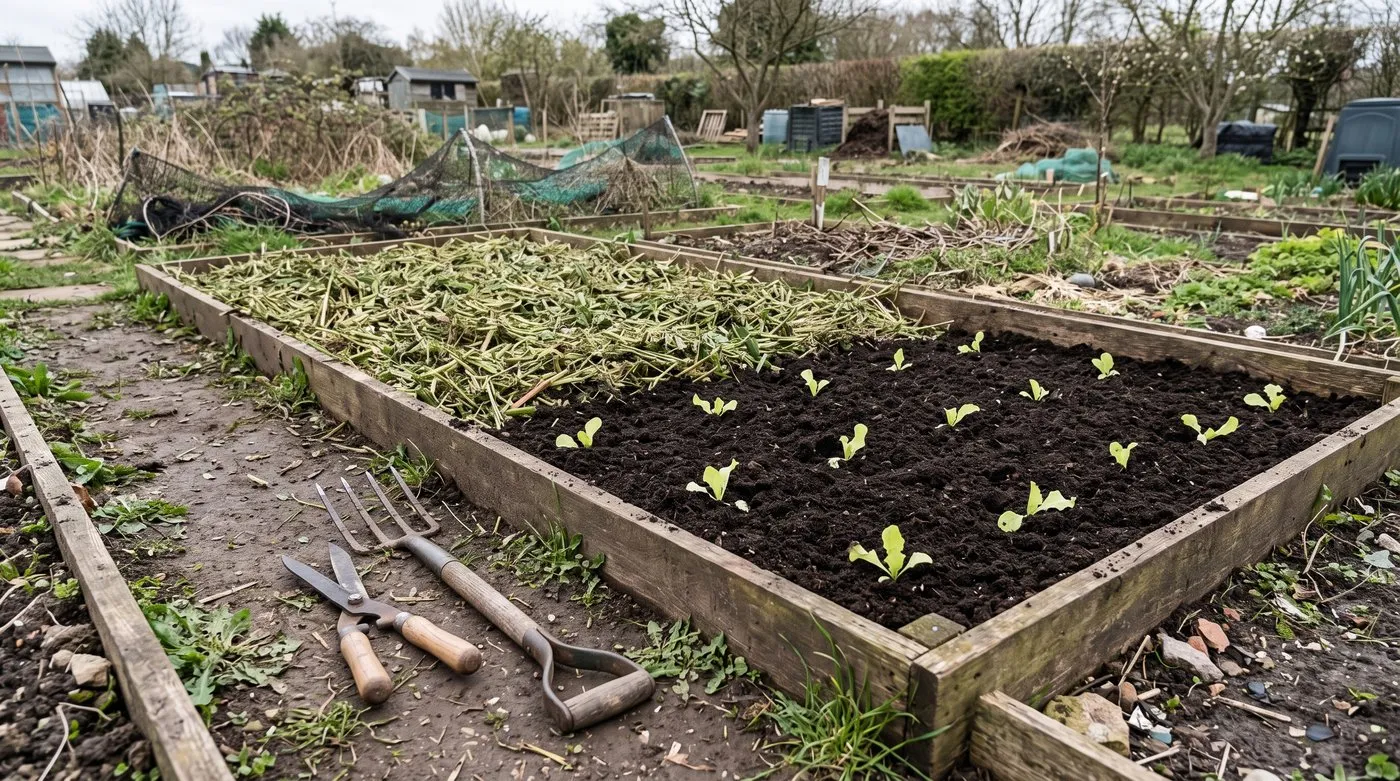 No-dig bed with cut green manure left as mulch and compost spread on top with lettuces planted through