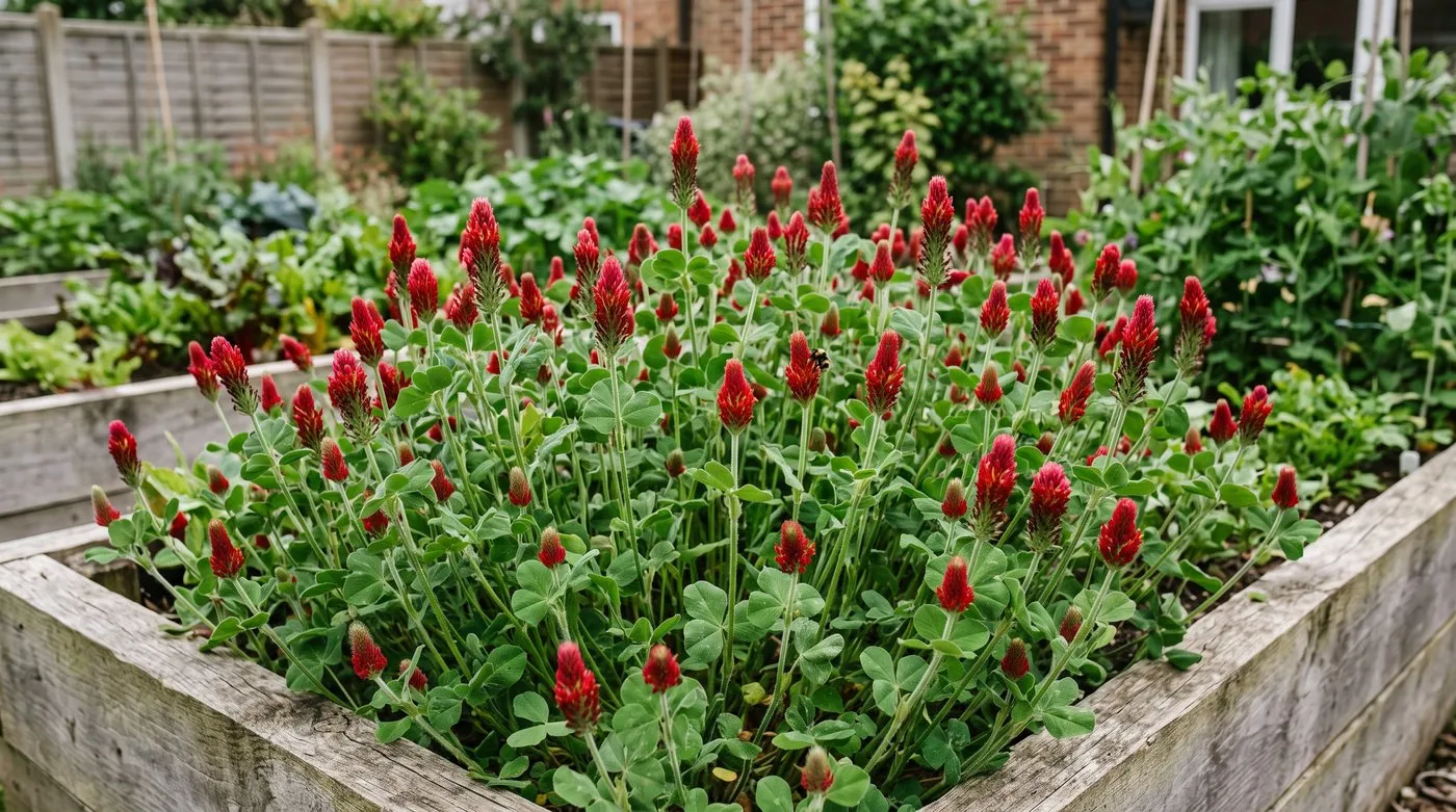 Raised bed sown with crimson clover green manure in flower with bright red spikes