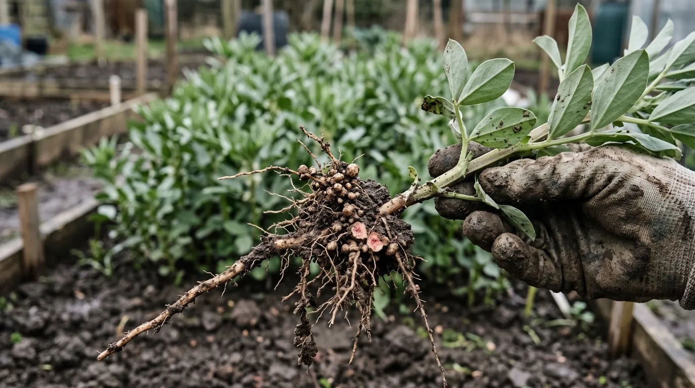 Field bean green manure lifted to show pink nitrogen-fixing nodules on its roots