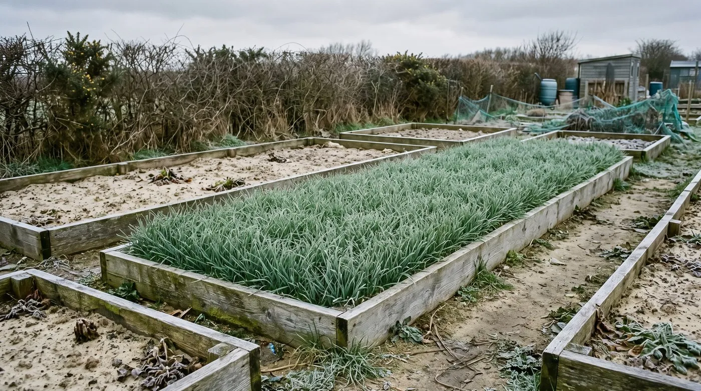 Grazing rye green manure covering a sandy allotment bed in frost beside bare winter soil