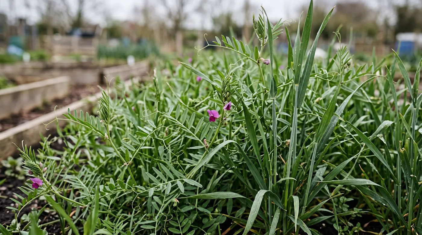 Winter tares climbing through grazing rye in a mixed green manure on an allotment in spring