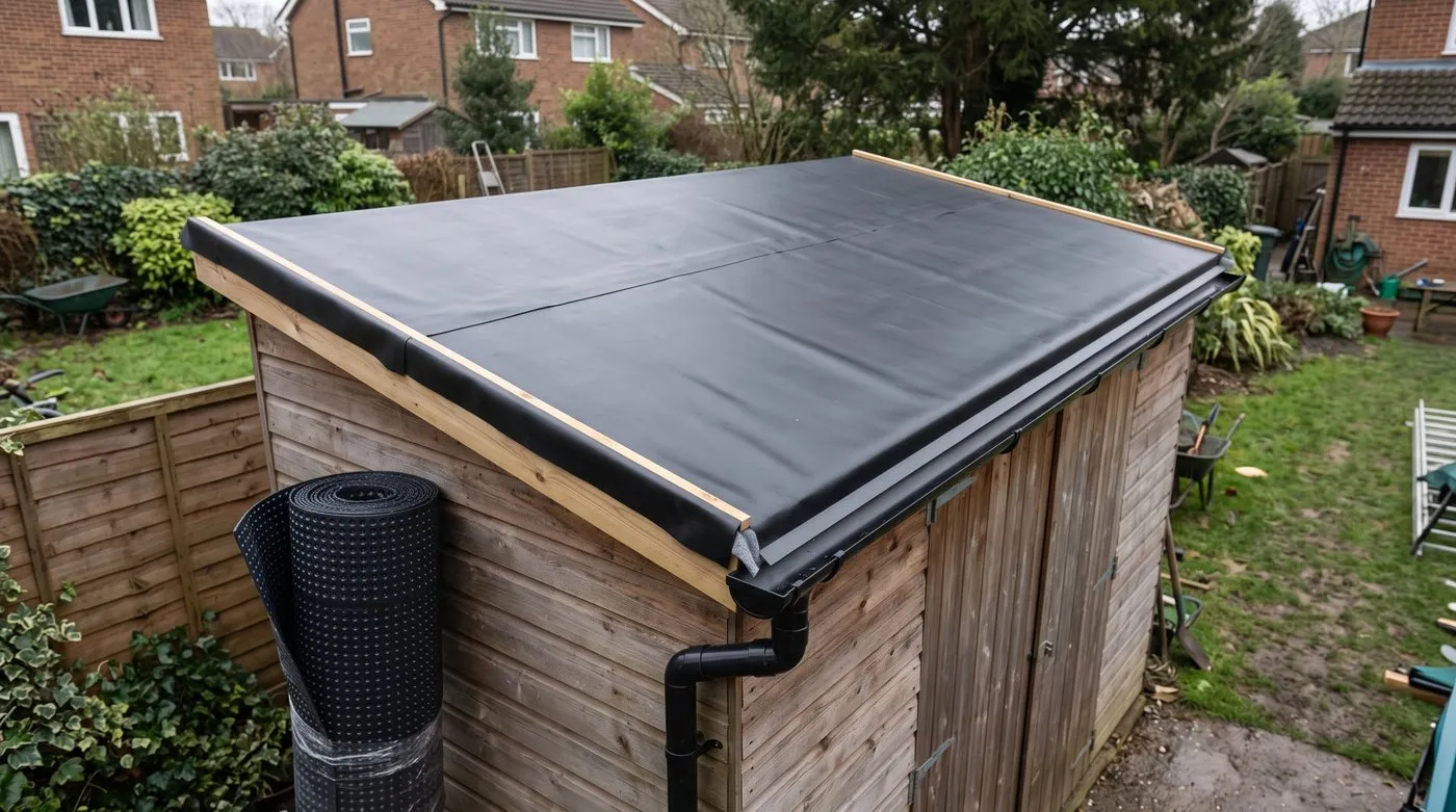 A shed roof covered in a single black rubber liner with timber edging strips and a metal drip edge