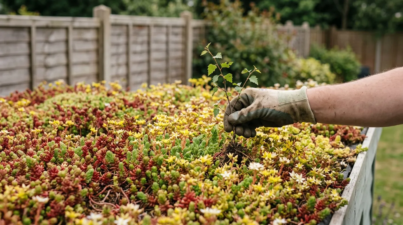 A gloved hand pulling a birch seedling out of a mature sedum green roof on a garden shed