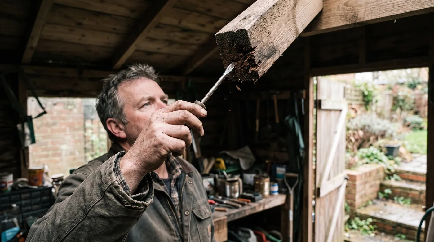 A man pushing a screwdriver into a shed rafter end to check for rot before adding a green roof