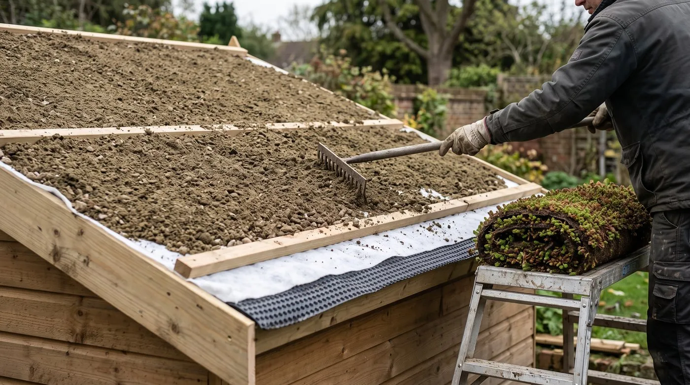 Gritty green roof growing mix being raked level over filter fleece on a sloping shed roof
